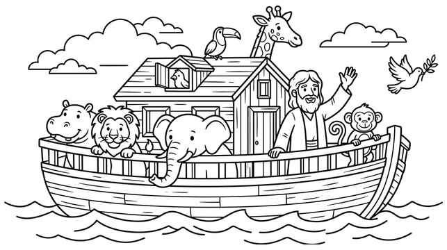 Noah ark biblical story coloring page with animals and ocean waves