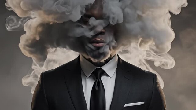 Mystical business man with smoke cloud head. Surreal representation of creativity and ideas. Dramatic atmosphere enhances visual impact for creative projects.