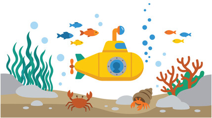 Naklejka premium Yellow submarine exploring deep ocean bottom with coral and sea life