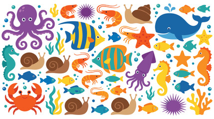 Fototapeta premium Colorful marine life stickers with funny sea animals and water drops