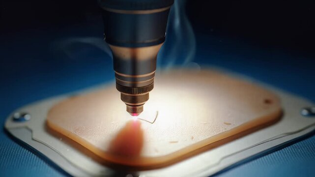 A machine laser cuts a square metal plate on a table with smoke.