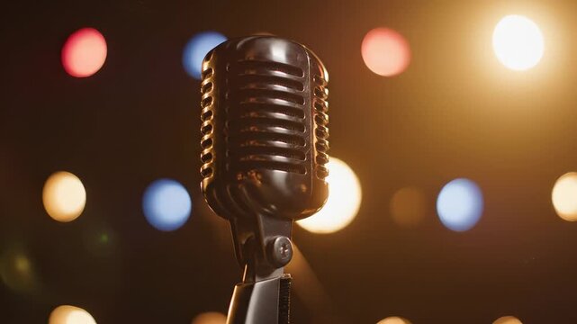 Vintage microphone in spotlight. Classic microphone stands ready for performance on stage. Warm lights create inviting atmosphere for live music. Sound waves echo through vibrant venue.