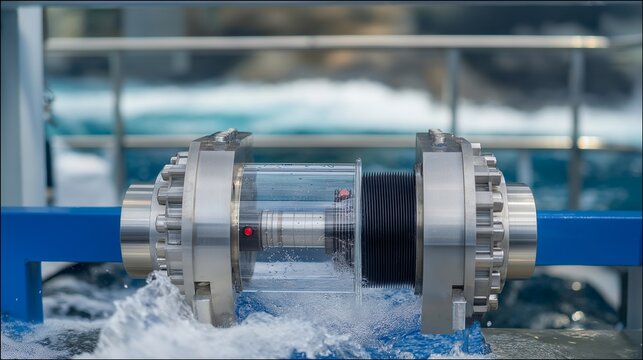Prototype oscillating water column wave converter in testing basin, compressed air driving turbine visible through transparent housing, maritime engineering laboratory, ideal for ocean energy