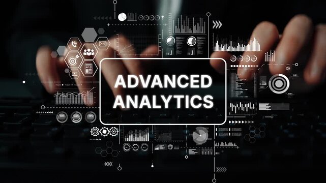 Hands Typing on Keyboard with Advanced Analytics Data Visualization and Graphs for Business Insights. Asymptotic smart data analytic.