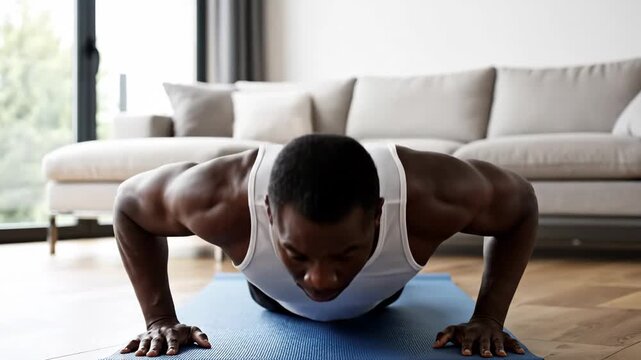 Man performing push-ups at home on a yoga mat for a healthy lifestyle