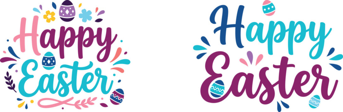 happy easter greeting set featuring stylized brush script typography accompanied by festive decorative easter eggs and colorful floral accent elements on white
