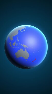 The animation shows a graphic representation of the earth and highlights the location and map of New Zealand colored red in vertical format.