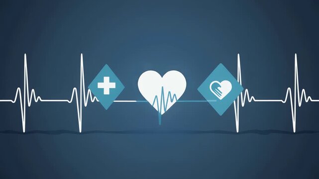 Medical symbols on an electrocardiogram in a dark room with heart and cross icons