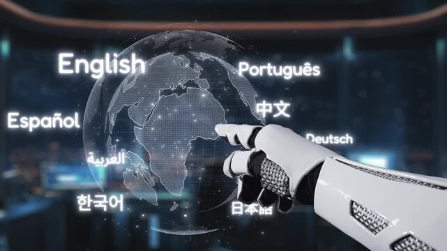 A dynamic scene showcasing a robotic hand interacting with a holographic globe that highlights various languages. This video reflects advanced technology and global communication. Auvana