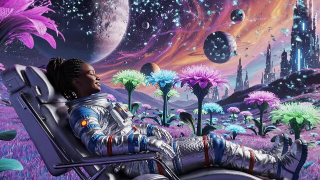 Astronaut relaxes in vibrant alien landscape. Futuristic environment features colorful flowers and cosmic scenery. Experience tranquility in extraordinary outer space setting.