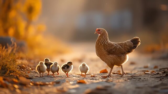 Hen Leading Baby Chicks on Farm Path at Golden Hour