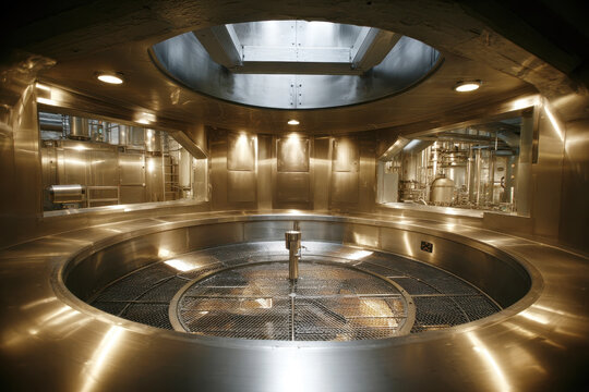 Modern industrial mash tun interior. Reflecting craftsmanship, showcasing gleaming metal and distillery infrastructure precision