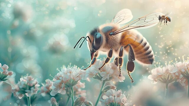 golden honeybee hovering over tiny flowers in glowing dusk light, pollen motes drifting, macro view of fuzzy body and translucent wings, warm bokeh background,