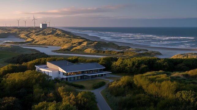Green data center powered entirely by offshore wind farm, aerial view showing connection between renewable energy source and computing facility on coastal landscape, ideal for clean technology