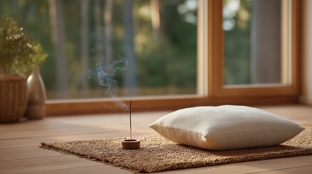 Meditation cushion placed on bare wooden floor, single incense stick burning, completely empty room except for natural fiber rug, window showing treetops, ideal for meditation space, minimalist