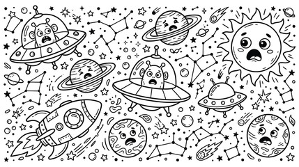 Space adventure doodle with funny aliens and planets coloring page © GW