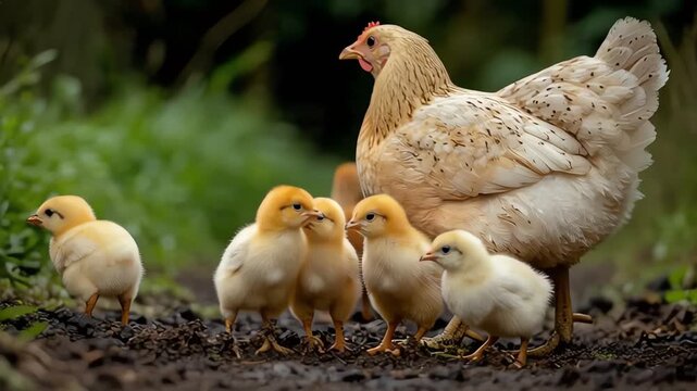 Mother hen walking with her baby chicks on a farm