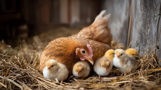 Brown hen and fluffy yellow chicks resting in a barn nest