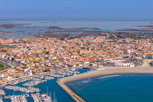 Aerial view of Les Saintes-Maries-de-la-Mer in the Bouches-du-Rh&ocirc;ne department, Provence, France