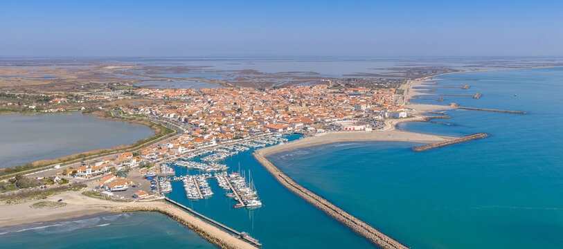 Aerial view of Les Saintes-Maries-de-la-Mer in the Bouches-du-Rh&ocirc;ne department, Provence, France