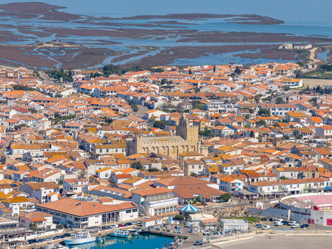 Aerial view of the church of Saintes-Maries-de-la-Mer in the Bouches-du-Rh&ocirc;ne department, Provence, France