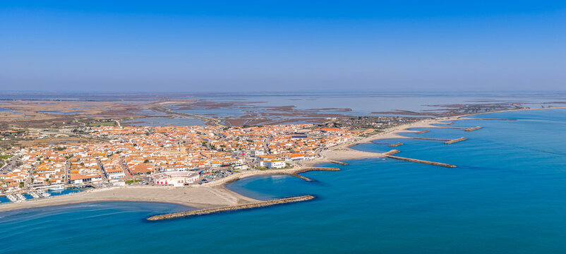 Aerial view of Les Saintes-Maries-de-la-Mer in the Bouches-du-Rh&ocirc;ne department, Provence, France