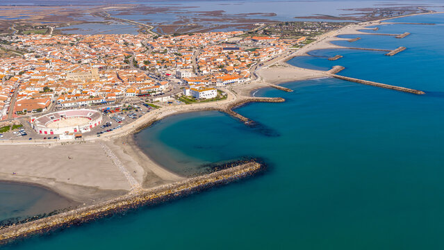 Aerial view of Les Saintes-Maries-de-la-Mer in the Bouches-du-Rh&ocirc;ne department, Provence, France