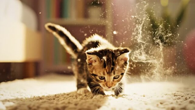 Kitten joyfully chasing dust motes in a sunbeam