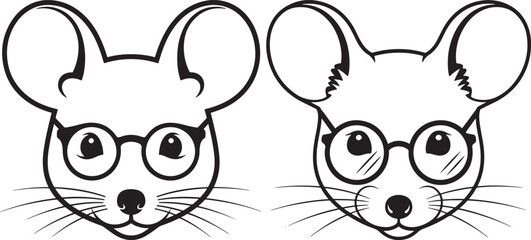 Obraz premium Two mice heads with round glasses, black and white illustration for curiosity, intelligence, or cute rodent themes
