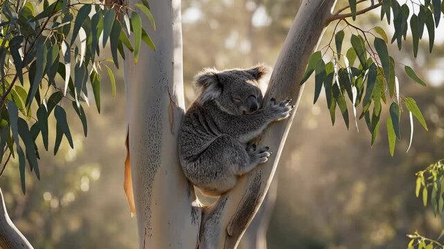 Koala Sleeping Peacefully in Eucalyptus Tree Branches
