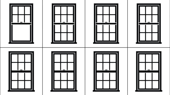 Collection of eight black and white illustrations of double hung windows with different sash positions