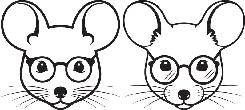 Two mice heads with round glasses, black and white illustration for curiosity, intelligence, or cute rodent themes