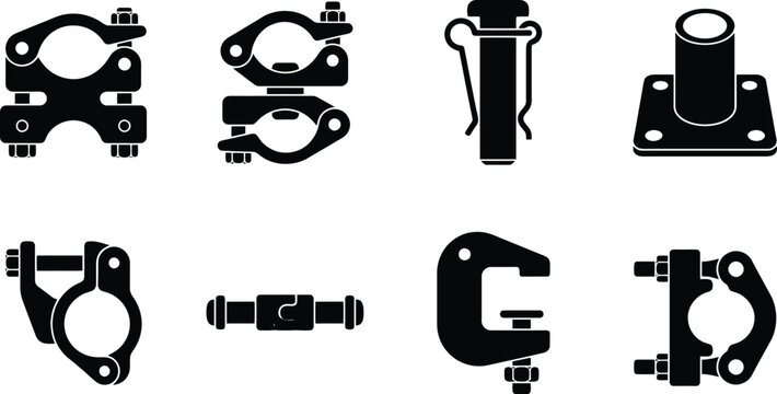 Collection of eight black silhouette icons depicting various types of clamps and connectors hardware