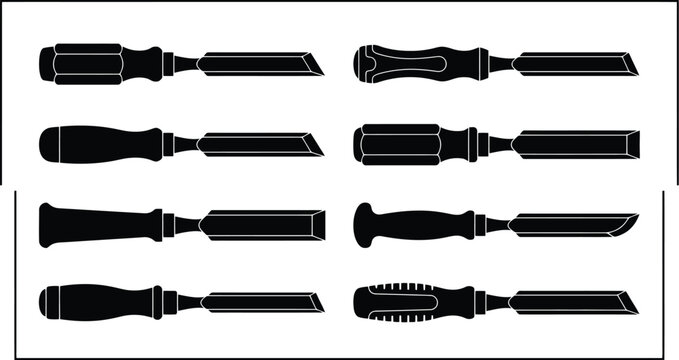 Collection of eight black silhouette icons of various woodworking chisels with different handle shapes