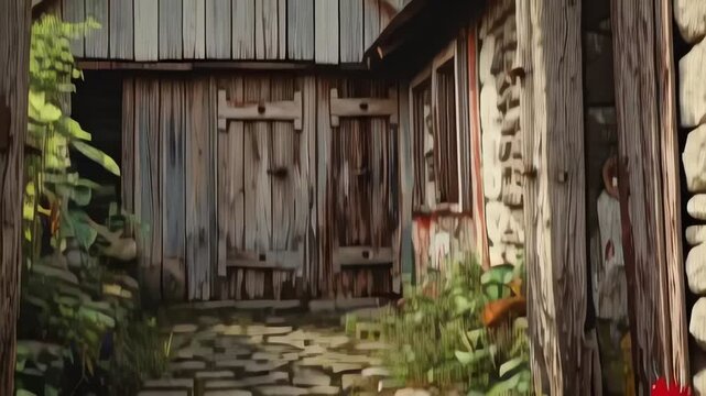 White chicken walking through a rustic village alleyway