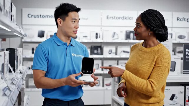 Customer asks electronics store employee for help with a product demonstration