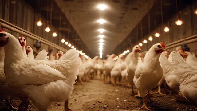 White Broiler Chickens in Industrial Poultry Farm Barn