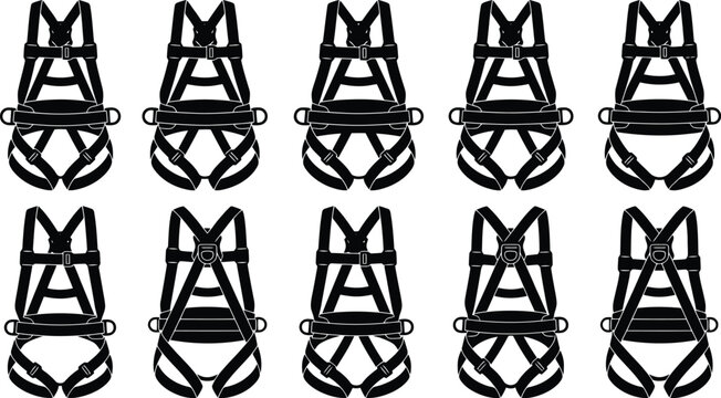 Collection of ten black silhouette icons of safety harnesses for industrial work on a white background