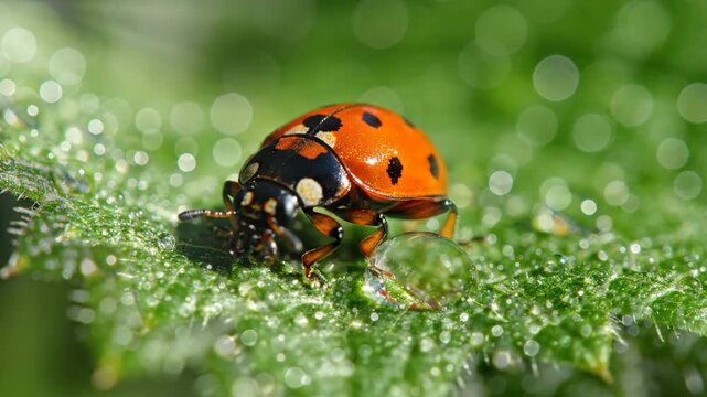 Ladybug Crawls on Dewy Green Leaf in Macro