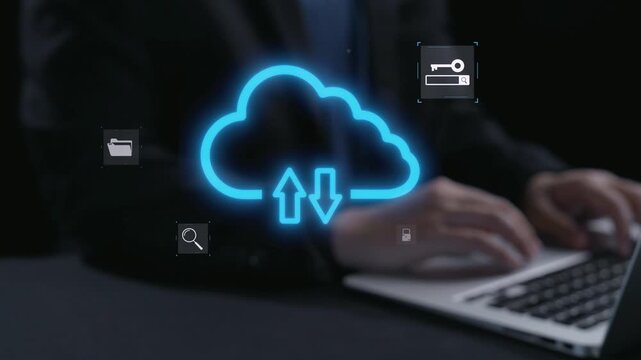 Visual representation of cloud computing technology showcasing icons related to data transfer, security, and digital innovation, ideal for business and tech contexts. Qubit