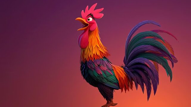 Colorful 3D Animated Rooster Crowing Against a Sunset Background