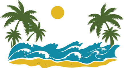 Fototapeta premium A stylized illustration of a tropical beach scene featuring palm trees, ocean waves, and a sun on a white background, perfect for use in graphic design or as a decorative element.