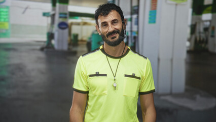 Man in neon yellow shirt with whistle on lanyard and headset smiles and tilts head by gas station forecourt pumps, beard visible  friendly service. © Krakenimages.com