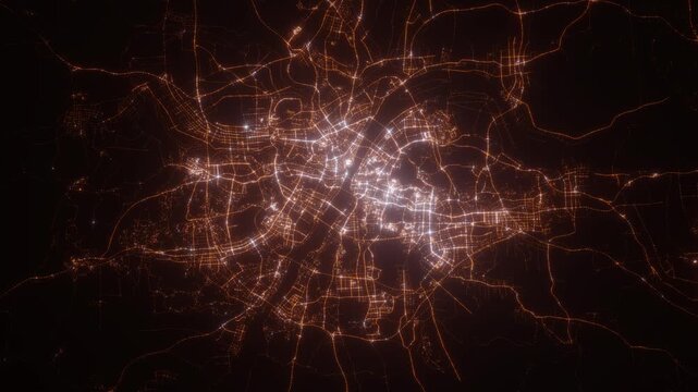 Wuhan (China) aerial view at night. View on modern city from space. Camera is zooming in, rotating counterclockwise
