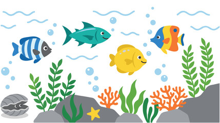 Obraz premium Underwater ocean scene with colorful fish seaweed and coral vector