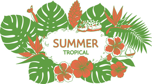 A colorful tropical graphic featuring a mix of green and orange leaves, hibiscus flowers, and a frog, with the words 'SUMMER TROPICAL' in the center, creating a lively and festive design.
