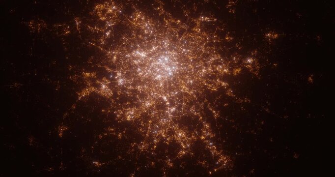Paris (France) aerial view at night. Satellite view on modern city with street lights. Camera is flying above the city, moving forward