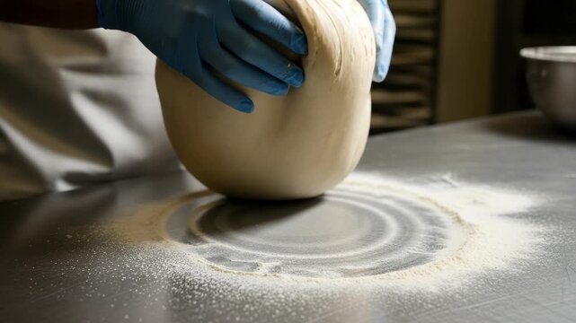 A person is preparing bread dough by kneading it and spreading flour on the table in a busy kitchen
