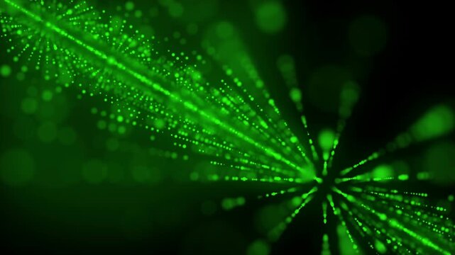 Abstract green glowing particle lines forming flowing digital lighting in dark space. Futuristic technology background for cinematic intro