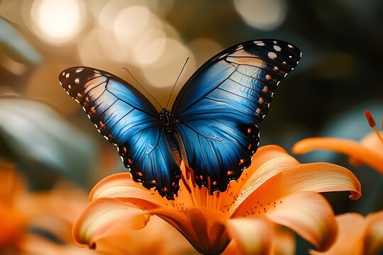 A vibrant blue butterfly perched on an orange flower in a natural setting